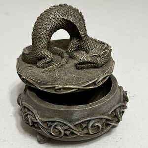 Vintage 1995 Vandor Dragon Trinket Box Celtic Knot Resin Jewelry Dish Grey